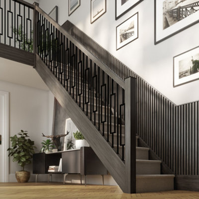 Cambridge Black Metal Rails Oak Grooved Handrail and Base Rail Set For ...
