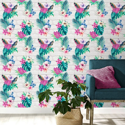 Camden Brick Floral Wallpaper Multi / Light Grey Accessorize 274805 ...