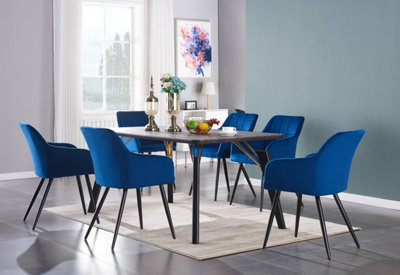 Camden Cosmo Black LUX Dining Set with 6 Royal Blue Velvet Chairs