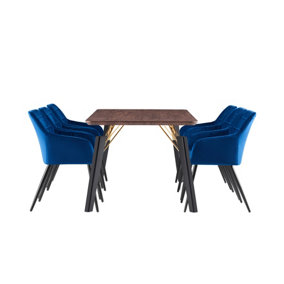 Camden Cosmo Brown LUX Dining Set with 6 Royal Blue Velvet Chairs