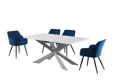 Camden Duke White LUX Dining Set with 4 Royal Blue Velvet Chairs