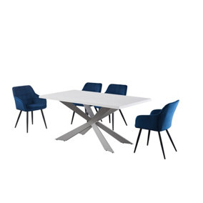 Camden Duke White LUX Dining Set with 4 Royal Blue Velvet Chairs