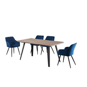 Camden Rocco Walnut LUX Dining Set with 4 Royal Blue Velvet Chairs