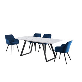 Camden Toga White LUX Dining Set with 4 Royal Blue Velvet Chairs