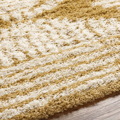 Camel Cream Modern Shaggy Rug, Geometric Stain Resistant Easy to Clean ...