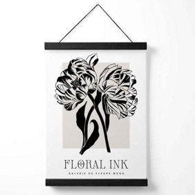 Camelias Black and Beige Floral Ink Sketch Medium Poster with Black Hanger