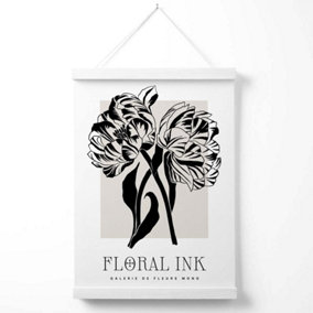 Camelias Black and Beige Floral Ink Sketch Poster with Hanger / 33cm / White