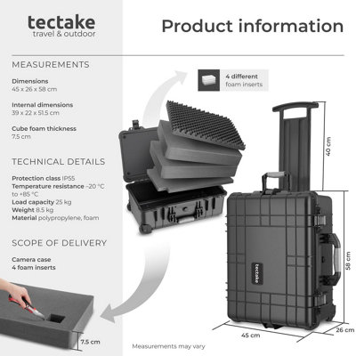 Camera Case - Hard Shell, Foam Inserts, Waterproof, Telescopic Handle M - Black