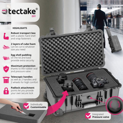 Camera Case - hard shell, foam inserts, waterproof, telescopic handle M - black
