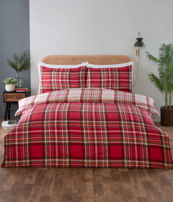 Cameron Checks Reversible Microfibre Fabric Complete Duvet Cover Set with Pillowcase and Fitted Sheet (Red)