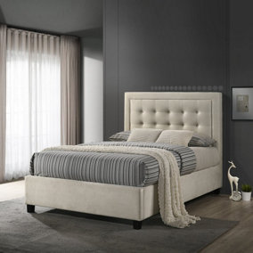 Camila Ottoman Double Bed - Cream - Padded Headboard Button Detailing Velvet Upholstery Lifting Storage