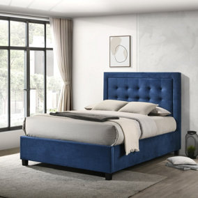 Camila Ottoman Double Bed - Dark Blue - Padded Headboard Button Detailing Velvet Upholstery Lifting Storage