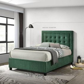 Camila Ottoman Double Bed - Green - Padded Headboard Button Detailing Velvet Upholstery Lifting Storage
