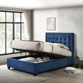 Camila Ottoman King Size Bed - Dark Blue - Padded Headboard Button Detailing Velvet Upholstery Lifting Storage