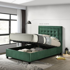 Camila Ottoman King Size Bed - Green - Padded Headboard Button Detailing Velvet Upholstery Lifting Storage