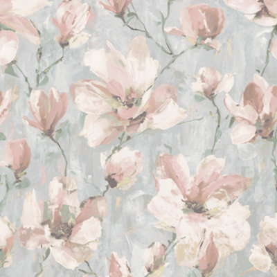 Camilla Blush Pink & Grey Floral Water Colour Effect Wallpaper 198503 ...