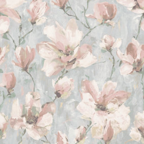 Camilla Blush Pink & Grey Floral Water Colour Effect Wallpaper 198503