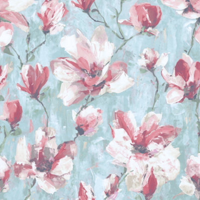 Camilla Teal Green & Pink Floral Water Colour Effect Wallpaper A72401