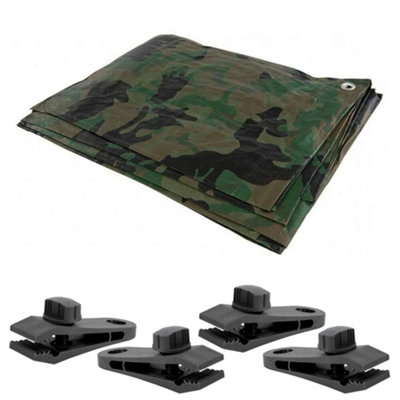 Camo 2 x 2 m Tarpaulin Waterproof Heavy Duty Cover Ground Sheet Camping Multipurpose Furniture Caravan with 4 Tarp Clips