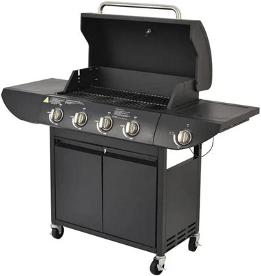 Campfire Deluxe Gas BBQ, 4+1 Burner Gas Barbecue w/ Warming Rack, Side Burner, Temperature Gauge, Cabinet Shelf & Wheels for Meat