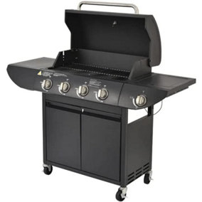 Campfire Deluxe Gas BBQ, 4+1 Burner Gas Barbecue w/ Warming Rack, Side Burner, Temperature Gauge, Cabinet Shelf & Wheels for Meat