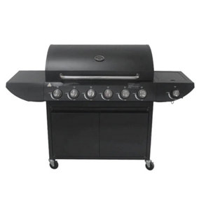 Campfire Deluxe Gas BBQ, 6+1 Burner Gas Barbecue w/ Warming Rack, Side Burner, Temperature Gauge, Cabinet Shelf & Wheels for Meat