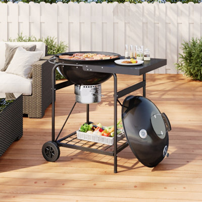 Camping Black Round Charcoal Grill BBQ with Side Table and Lid Cover Freestanding Outdoor Oven