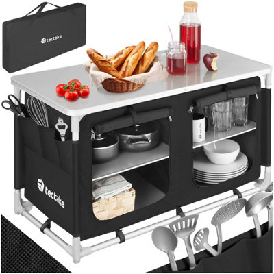 Camping Kitchen - foldable aluminium frame, 4 compartments - black