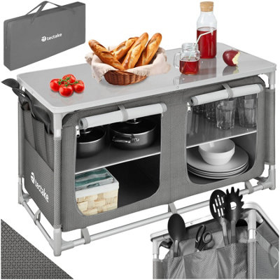 Camping Kitchen - foldable aluminium frame, 4 compartments - grey