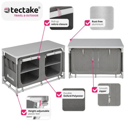 Camping Kitchen - foldable aluminium frame, 4 compartments - grey