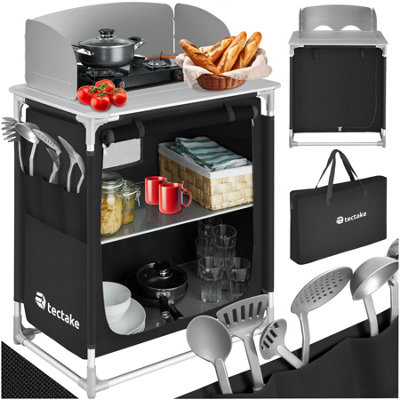 Camping Kitchen - foldable with 2 compartments, aluminium frame - black