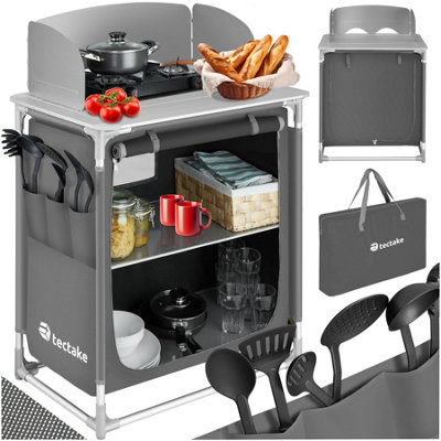 Camping Kitchen - foldable with 2 compartments, aluminium frame - grey