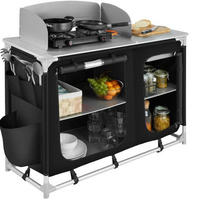 Camping Kitchen - foldable with 4 compartments, aluminium frame - black