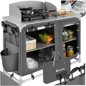 Camping Kitchen - foldable with 4 compartments, aluminium frame - grey