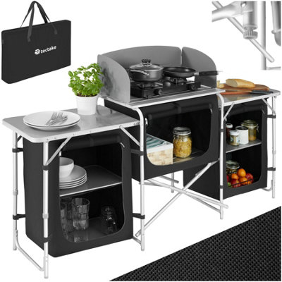 Camping Kitchen - foldable with 5 compartments, aluminium frame - black