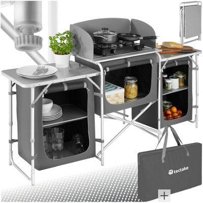 Camping Kitchen - foldable with 5 compartments, aluminium frame - grey