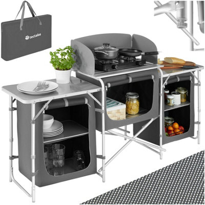 Camping Kitchen - foldable with 5 compartments, aluminium frame - grey