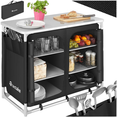 Camping Kitchen - foldable with 6 compartments, aluminium frame - black