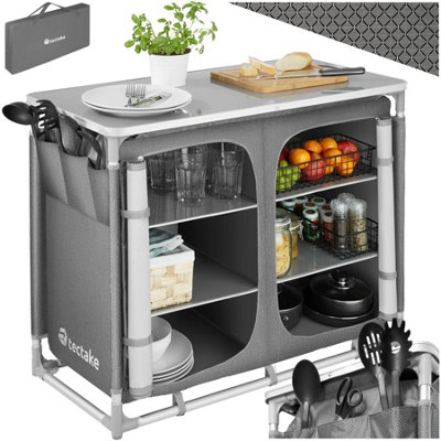 Camping Kitchen - foldable with 6 compartments, aluminium frame - grey