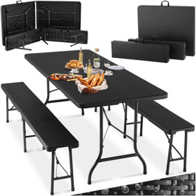 Camping table and bench set - black-rattan look