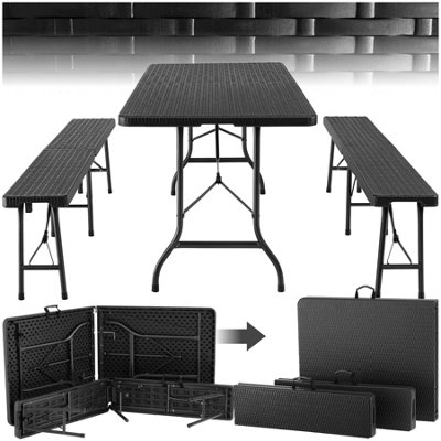 Camping Table and Bench Set - robust and foldable - black-rattan look ...