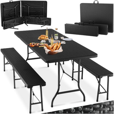 Camping Table and Bench Set - robust and foldable - black-rattan look