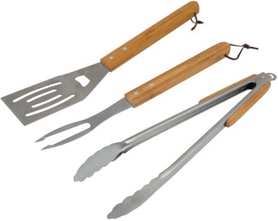 Campingaz BBQ Utensil Kit 3pce - Spatula, Tongs & Fork - Wood