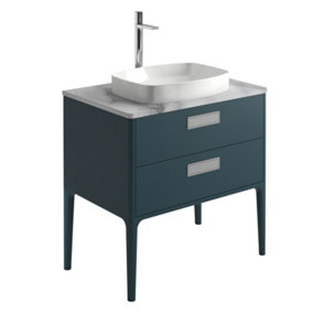 Canaria 4 Leg Blue Bathroom Vanity Unit with White Marble Countertop & Integrated Ceramic Basin (W)785mm (H)850mm