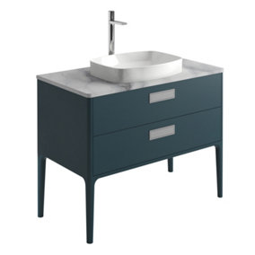 Canaria 4 Leg Blue Bathroom Vanity Unit with White Marble Countertop & Integrated Ceramic Basin (W)985mm (H)850mm
