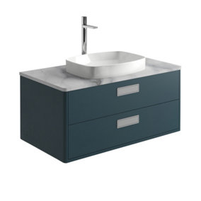 Canaria Blue Wall Hung Bathroom Vanity Unit with White Marble Countertop & Integrated Ceramic Basin (W)985mm (H)850mm