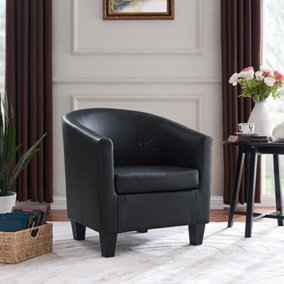 Canberra Accent  Bucket Tub Chair Occasional Armchair Wood Effect Legs Black PU Leather Foam Padded Backrest Seat