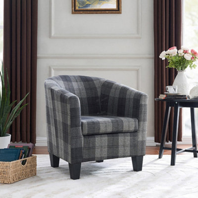 Canberra Accent Bucket Tub Chair Occasional Armchair Wood Effect Legs Grey Tartan Fabric Foam Padded Backrest Seat