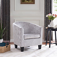 Canberra Accent Bucket Tub Chair Occasional Armchair Wood Effect Legs Silver Crushed Velvet Foam Padded Backrest Seat