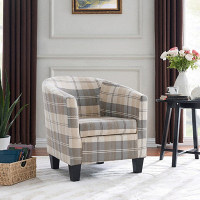 Canberra Accent Bucket Tub Chair Occasional Armchair Wood Effect Legs Tartan Foam Padded Backrest Seat